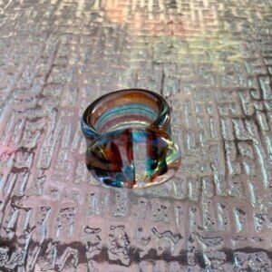 Multicolored Art Glass Abstract Pattern Cocktail Statement Ring Sz 8